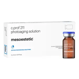 Packaging and vial of Mesoestetic c.prof 211 photoaging solution (5 x 5ml) – a professional mesotherapy treatment containing an exclusive combination of active ingredients designed to combat sun damage, deeply hydrate, and rejuvenate aging skin in aesthetic clinics.