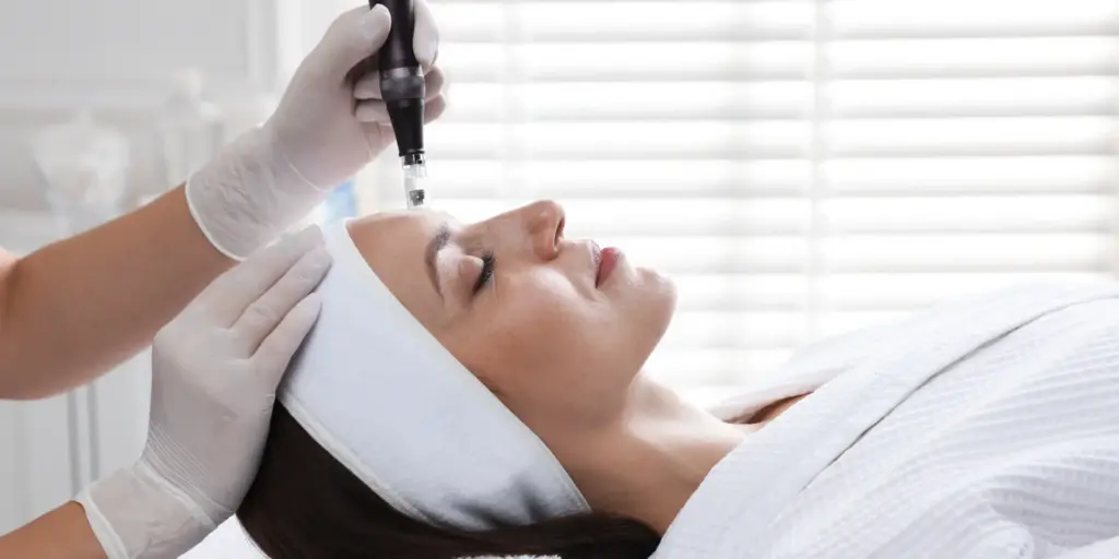 Woman receives microneedling treatment from a clinician