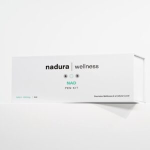 Packaging of Nadura Wellness NAD Pen Kit (1000mg / 3ml) – a premium delivery system designed for precision wellness at a cellular level, providing NAD+ to support cellular energy, anti-aging, and overall health in professional aesthetic and wellness clinics.