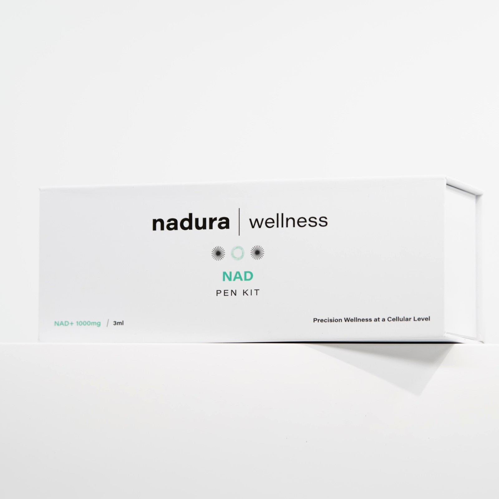Packaging of Nadura Wellness NAD Pen Kit (1000mg / 3ml) – a premium delivery system designed for precision wellness at a cellular level, providing NAD+ to support cellular energy, anti-aging, and overall health in professional aesthetic and wellness clinics.
