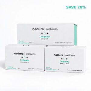 Packaging of the Nadura Wellness Cellgevity Pen 3-Month Supply bundle, featuring one main Pen Kit and two Refill Kits formulated with B12 (2mg), NAD+ (750mg), and L-Glutathione (600mg) – designed for precision wellness at a cellular level to provide sustained energy, longevity, and antioxidant support in professional clinics.