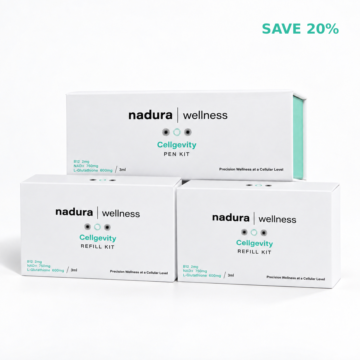Packaging of the Nadura Wellness Cellgevity Pen 3-Month Supply bundle, featuring one main Pen Kit and two Refill Kits formulated with B12 (2mg), NAD+ (750mg), and L-Glutathione (600mg) – designed for precision wellness at a cellular level to provide sustained energy, longevity, and antioxidant support in professional clinics.