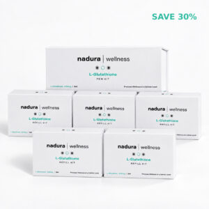 Packaging of the Nadura Wellness L-Glutathione Pen 6-Month Supply bundle, featuring one main Pen Kit and five Refill Kits (1500mg / 3ml each) – designed for precision wellness at a cellular level to provide sustained antioxidant therapy, long-term cellular detoxification, and skin brightening support in professional clinics.