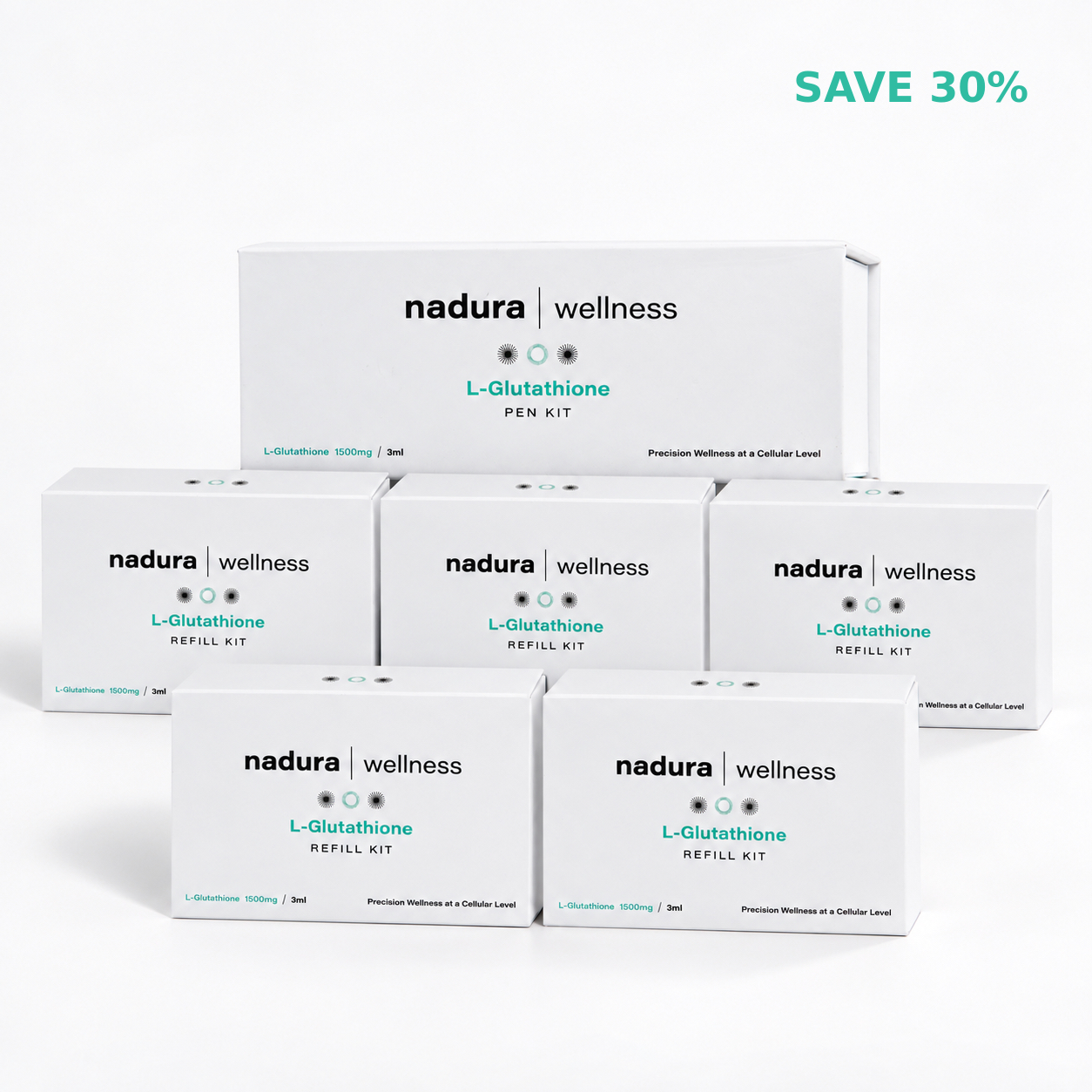 Packaging of the Nadura Wellness L-Glutathione Pen 6-Month Supply bundle, featuring one main Pen Kit and five Refill Kits (1500mg / 3ml each) – designed for precision wellness at a cellular level to provide sustained antioxidant therapy, long-term cellular detoxification, and skin brightening support in professional clinics.
