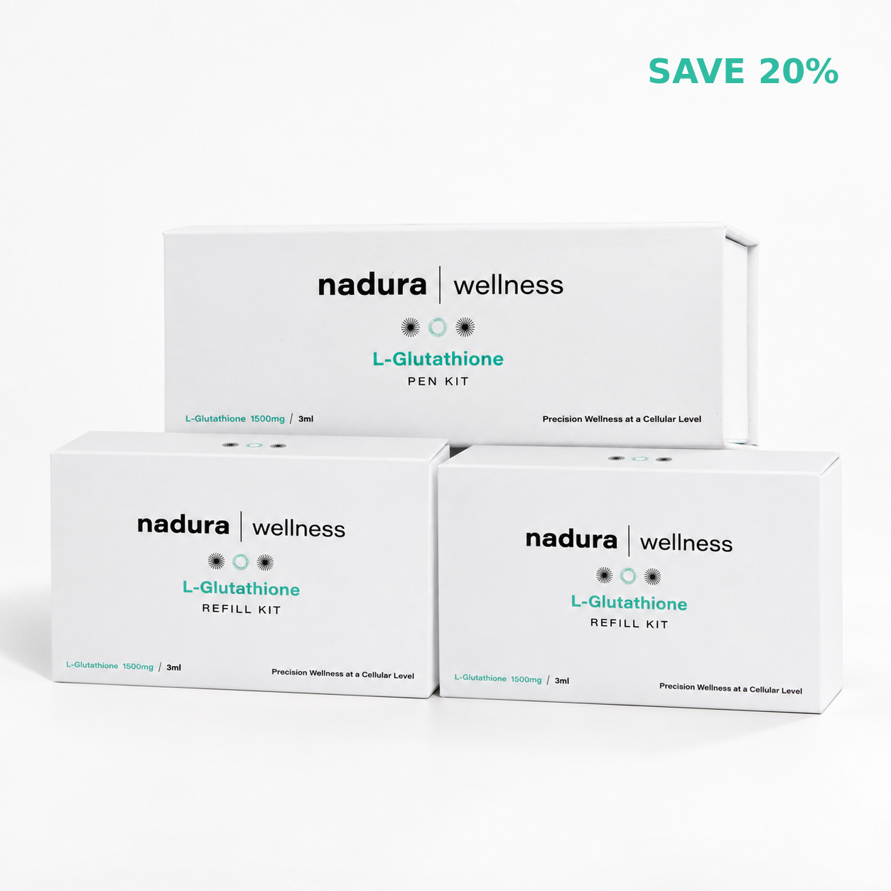 Packaging of the Nadura Wellness L-Glutathione Pen 3-Month Supply bundle, featuring one main Pen Kit and two Refill Kits (1500mg / 3ml each) – designed for precision wellness at a cellular level to provide powerful antioxidant therapy, cellular detoxification, and skin brightening support in professional clinics.