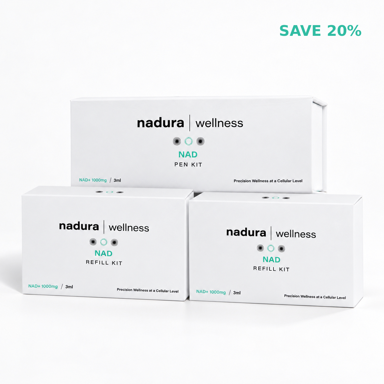 Packaging of the Nadura Wellness NAD Pen 3-Month Supply bundle, featuring one main NAD Pen Kit and two NAD Refill Kits (1000mg / 3ml each) – designed for precision wellness at a cellular level to provide sustained NAD+ therapy, cellular energy, and anti-aging support in professional clinics.