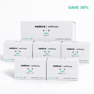Packaging of the Nadura Wellness NAD Pen 6-Month Supply bundle, featuring one main NAD Pen Kit and five NAD Refill Kits (1000mg / 3ml each) – designed for precision wellness at a cellular level to provide sustained NAD+ therapy, cellular energy, and long-term anti-aging support in professional clinics