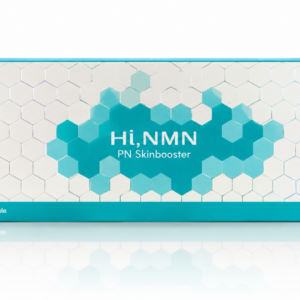 White and teal packaging featuring a honeycomb pattern for Hi, NMN PN Skinbooster (2 x 2.5ml) – an advanced professional facial ampoule designed for cellular skin rejuvenation, repair, and anti-aging treatments in aesthetic clinics.