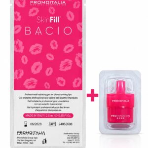 Bright pink sachet of Promoitalia SkinFill Bacio featuring lip prints, alongside a pink ProInfusion Derm applicator – a professional hydrating gel designed for plump-looking lips and natural lip enhancement in aesthetic clinics.