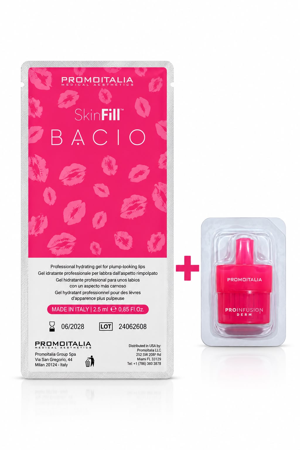 Bright pink sachet of Promoitalia SkinFill Bacio featuring lip prints, alongside a pink ProInfusion Derm applicator – a professional hydrating gel designed for plump-looking lips and natural lip enhancement in aesthetic clinics.